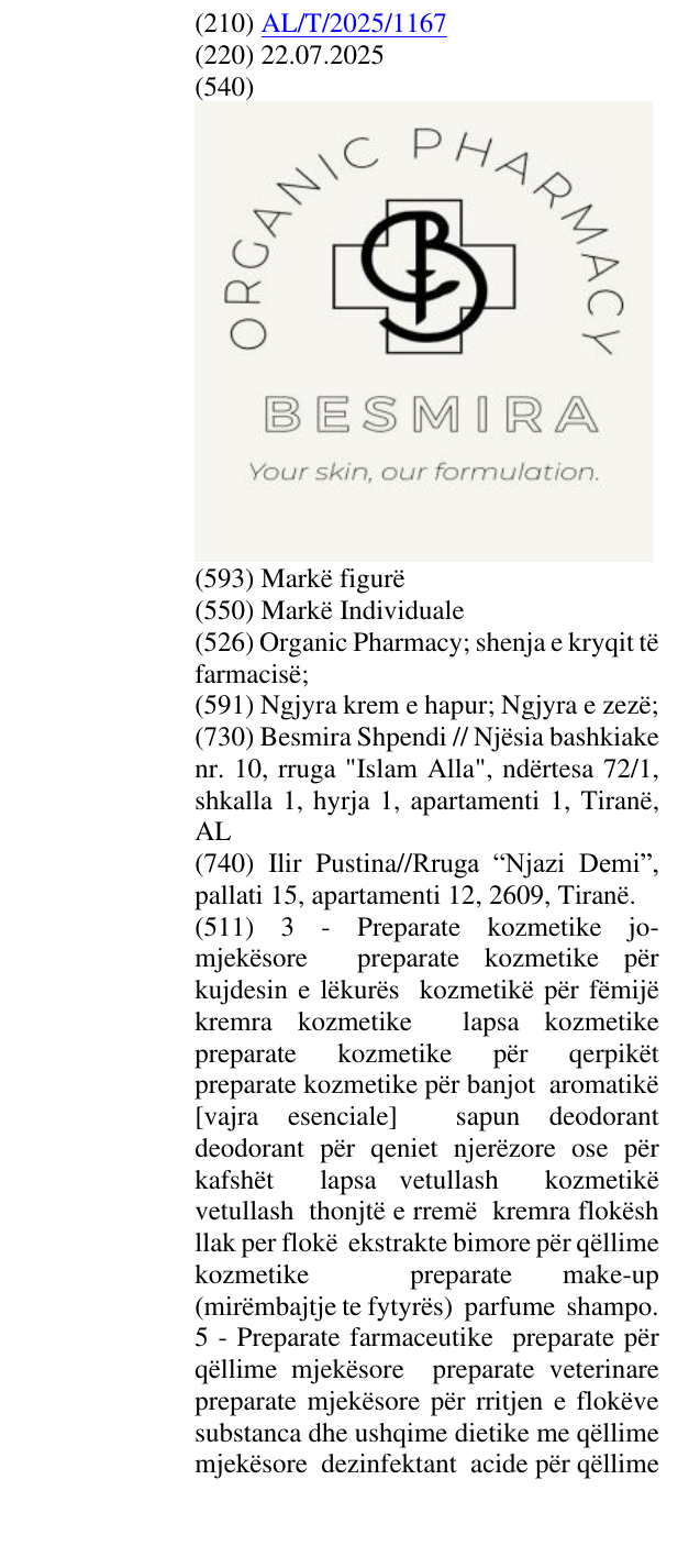 Zëri i markës Organic Pharmacy; shenja e kryqit të farmacisë; në buletin