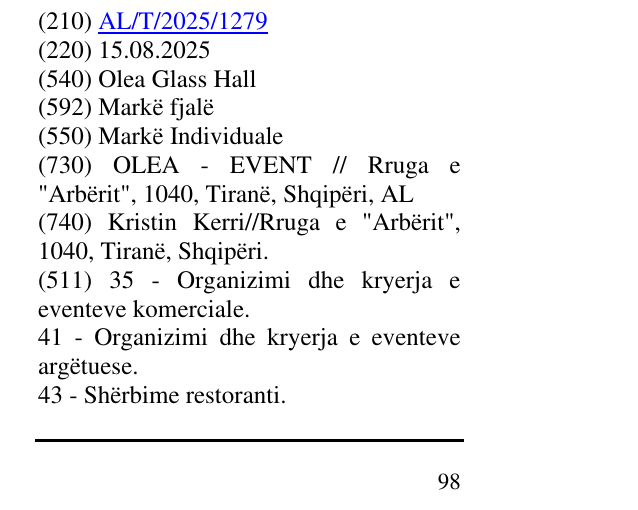 Zëri i markës Olea Glass Hall në buletin
