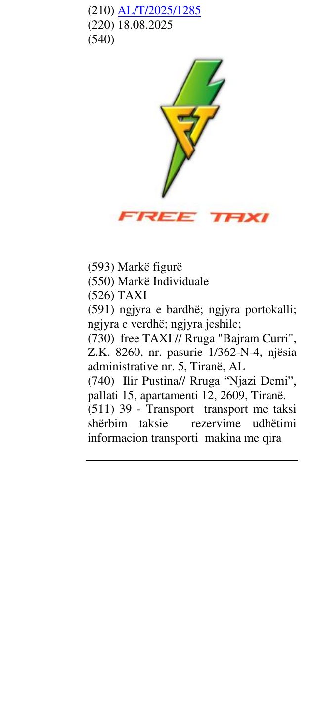 Zëri i markës TAXI në buletin