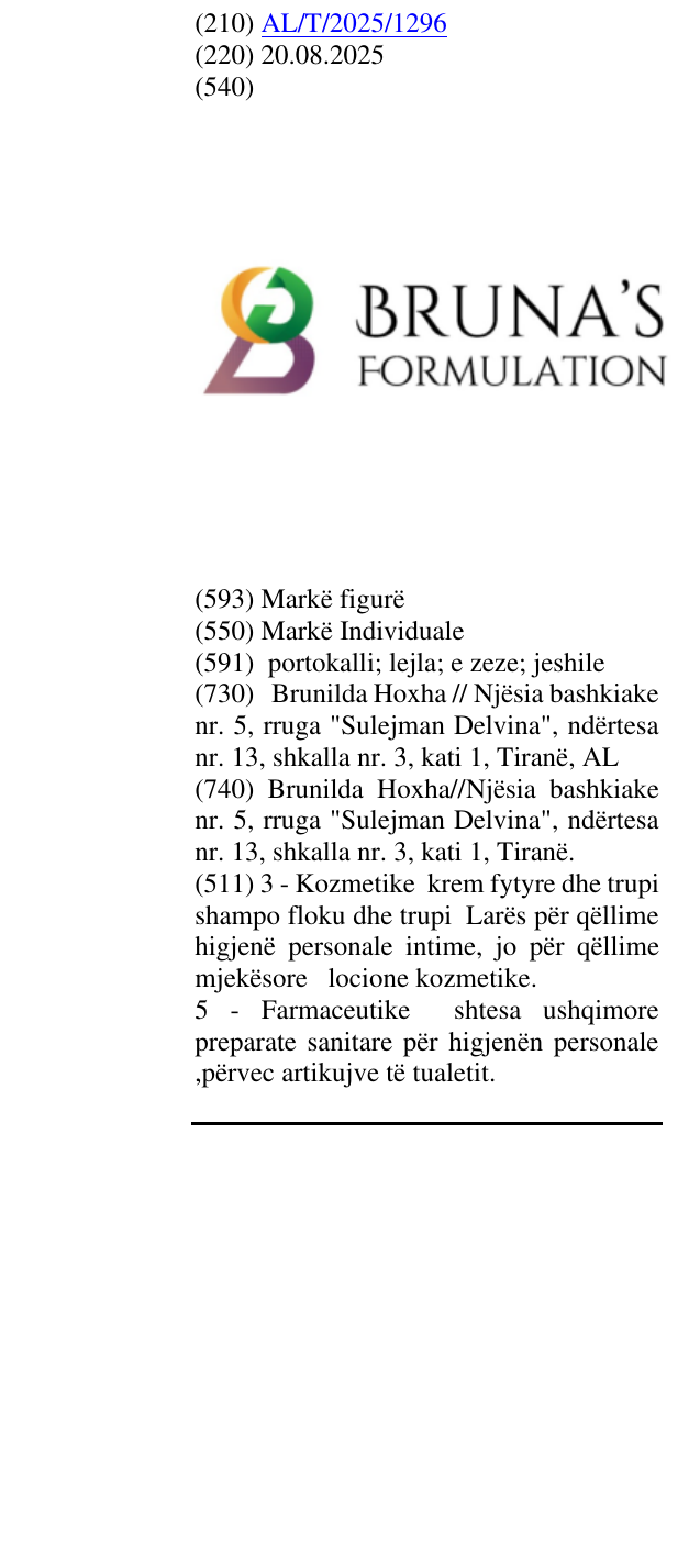 Zëri i markës BRUNA'S FORMULATION në buletin
