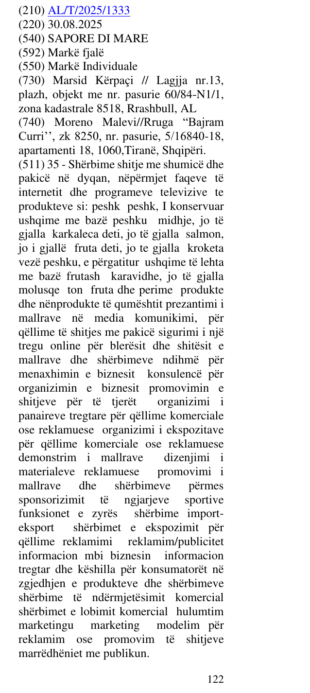 Zëri i markës SAPORE DI MARE në buletin