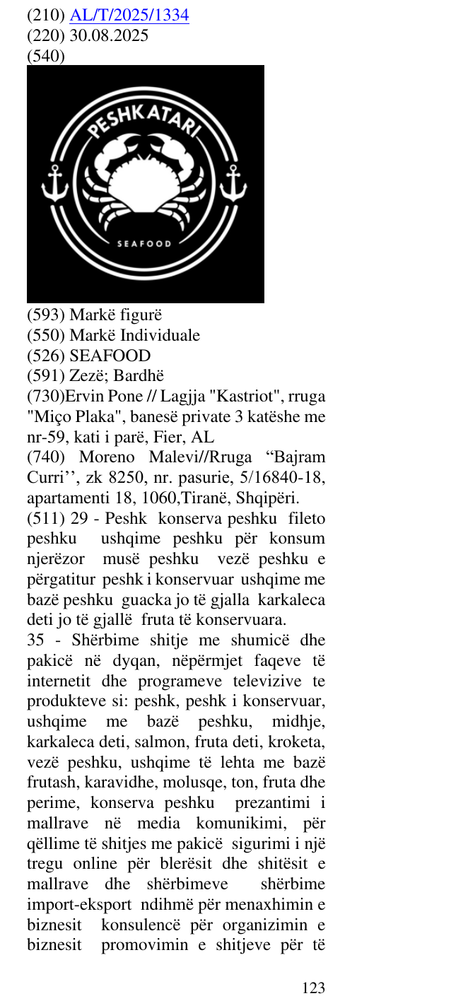 Zëri i markës SEAFOOD në buletin
