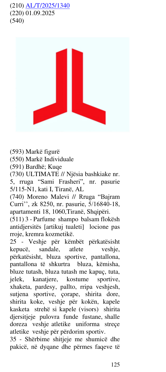 Zëri i markës AL/T/2025/1340 në buletin