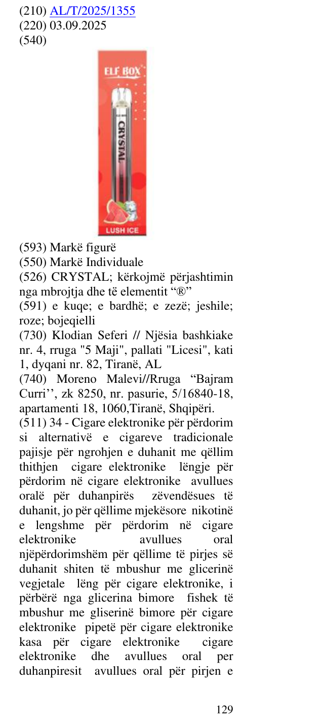 Zëri i markës CRYSTAL; kërkojmë përjashtimin nga mbrojtja dhe të elementit “®” në buletin