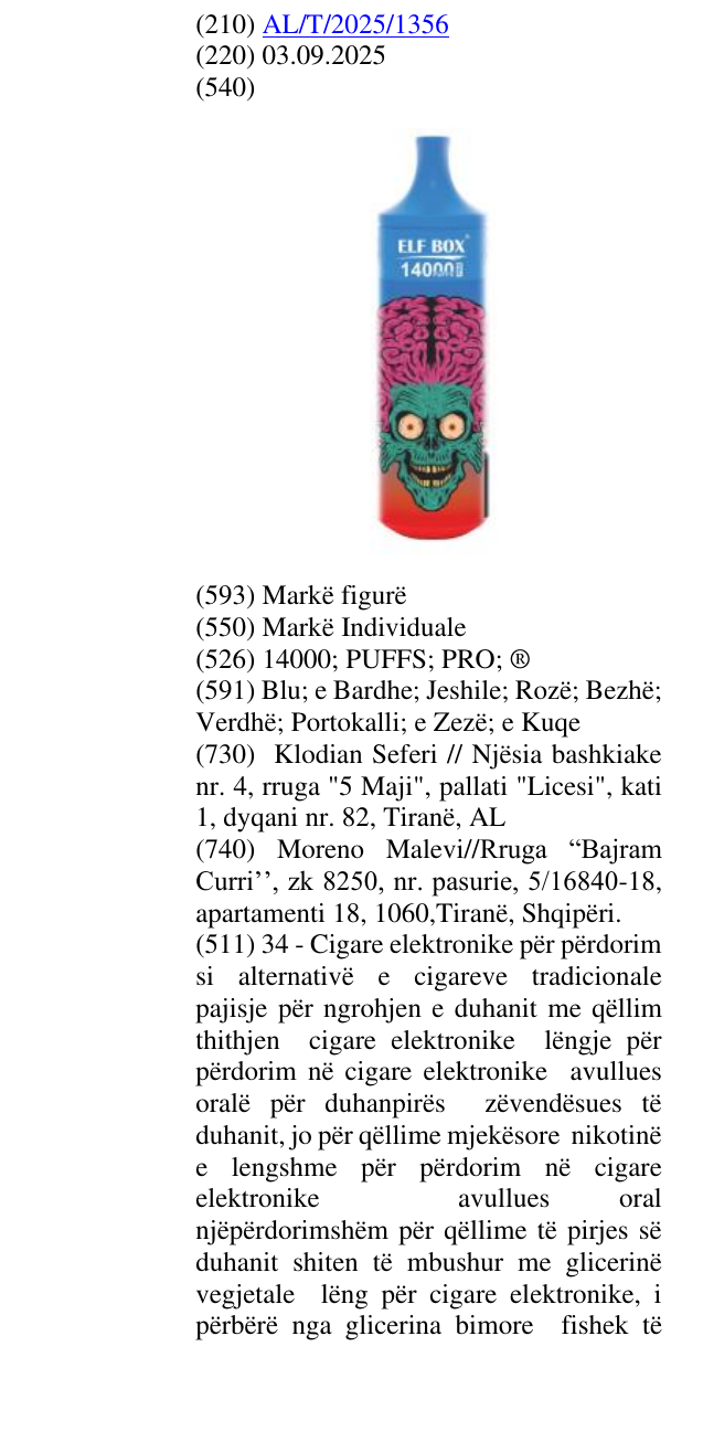 Zëri i markës 14000; PUFFS; PRO; ® në buletin