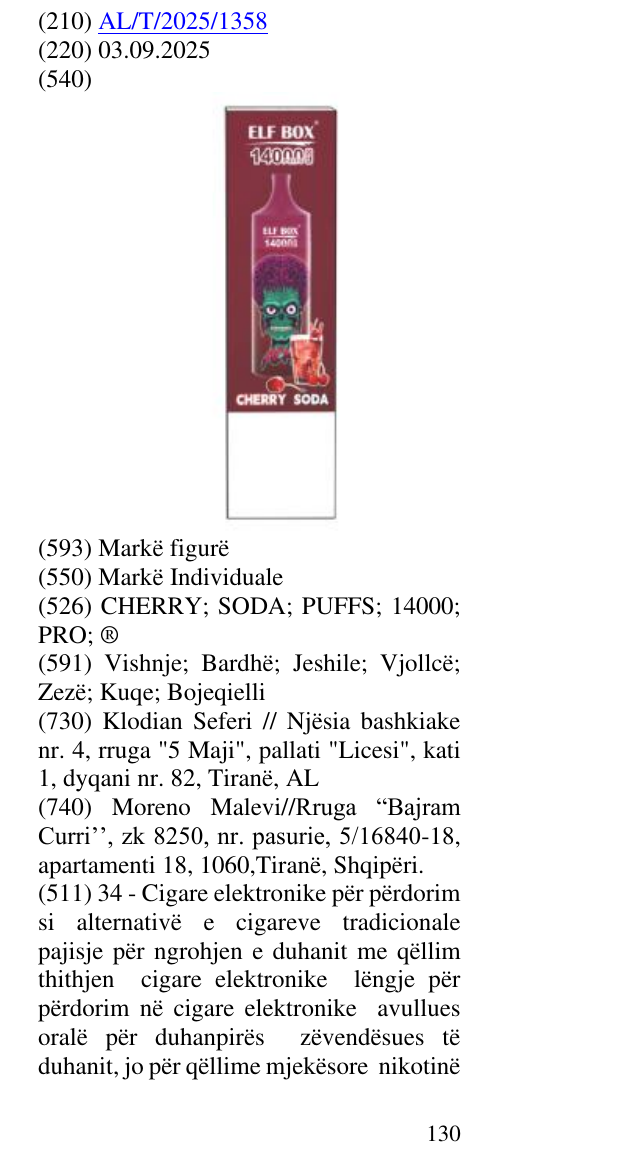 Zëri i markës CHERRY; SODA; PUFFS; 14000; PRO; ® në buletin