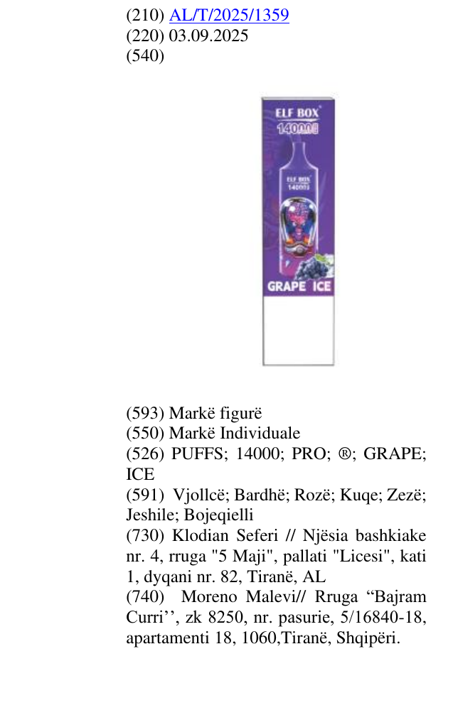 Zëri i markës PUFFS; 14000; PRO; ®; GRAPE; ICE në buletin