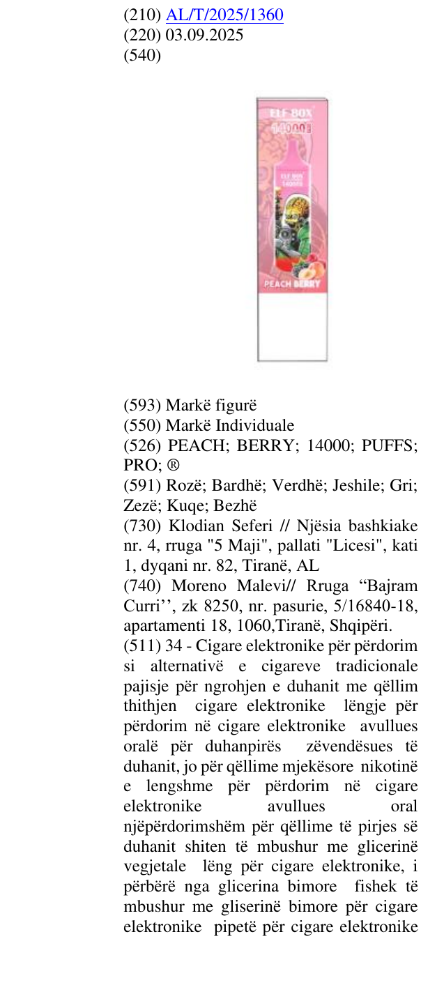 Zëri i markës PEACH; BERRY; 14000; PUFFS; PRO; ® në buletin