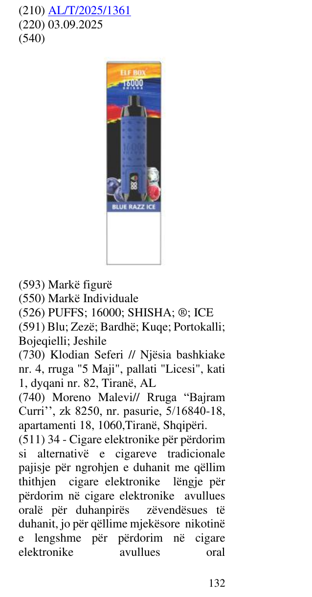 Zëri i markës PUFFS; 16000; SHISHA; ®; ICE në buletin