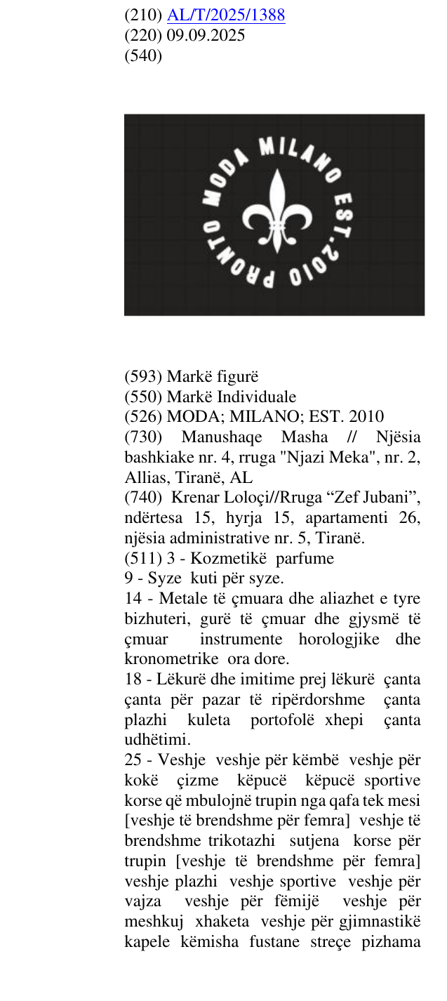 Zëri i markës MODA; MILANO; EST. 2010 në buletin