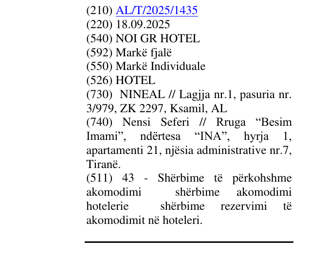 Zëri i markës NOI GR HOTEL në buletin