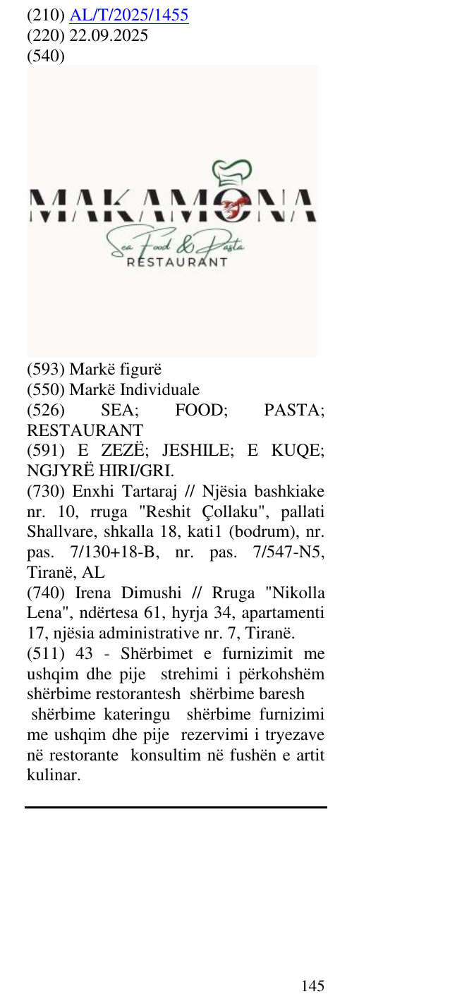 Zëri i markës SEA; FOOD; PASTA; RESTAURANT në buletin