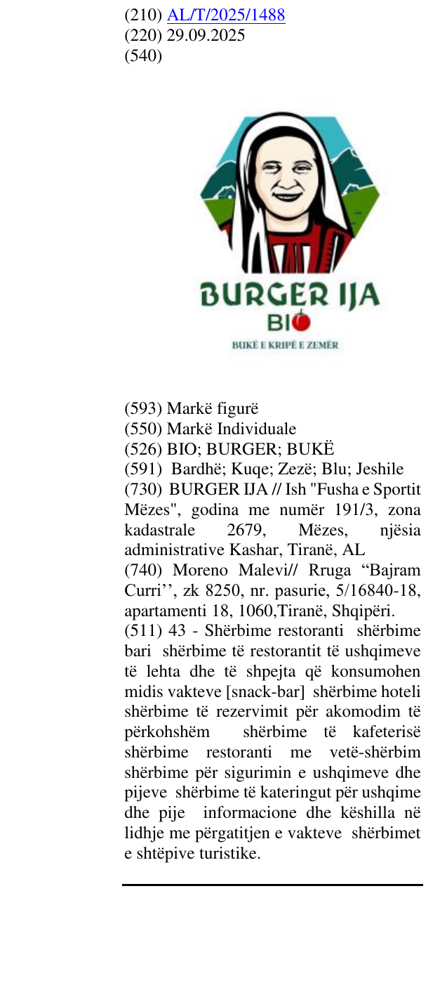 Zëri i markës BIO; BURGER; BUKË në buletin