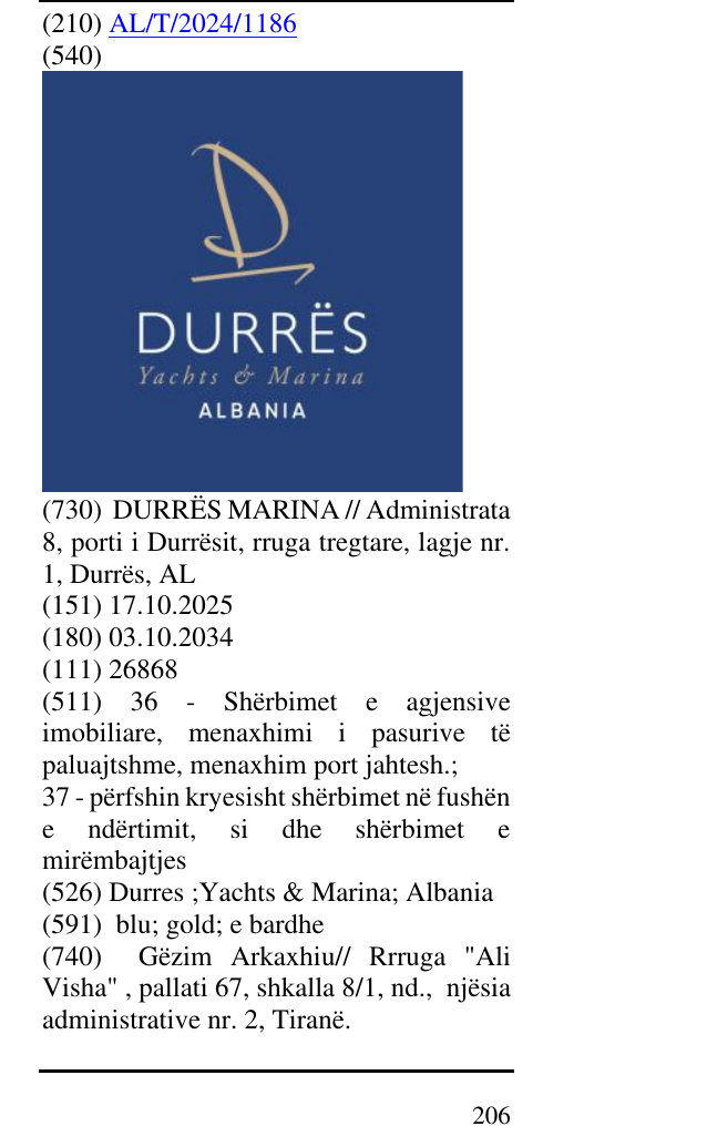 Zëri i markës Durres ;Yachts & Marina; Albania në buletin