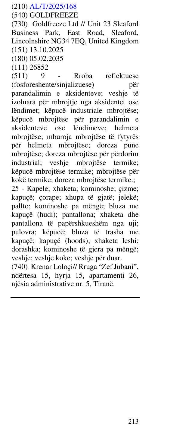 Zëri i markës GOLDFREEZE në buletin
