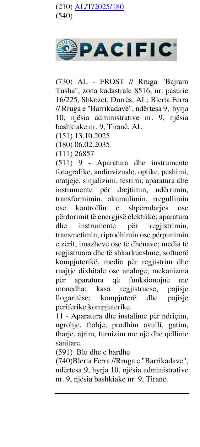 Zëri i markës PACIFIC në buletin