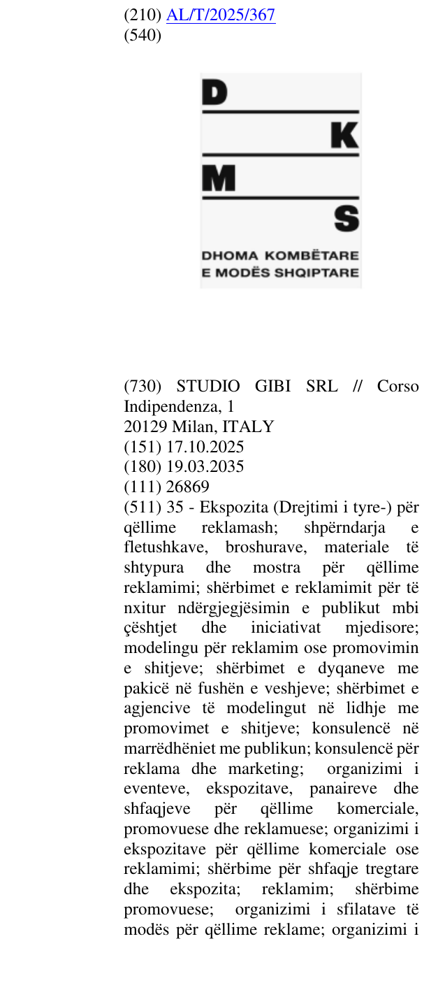 Zëri i markës DHOMA KOMBËTARE; MODË; SHQIPTARE në buletin