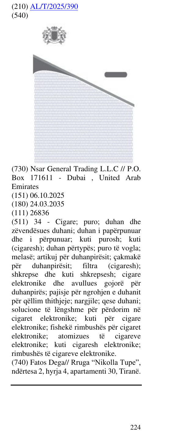 Zëri i markës AL/T/2025/390 në buletin