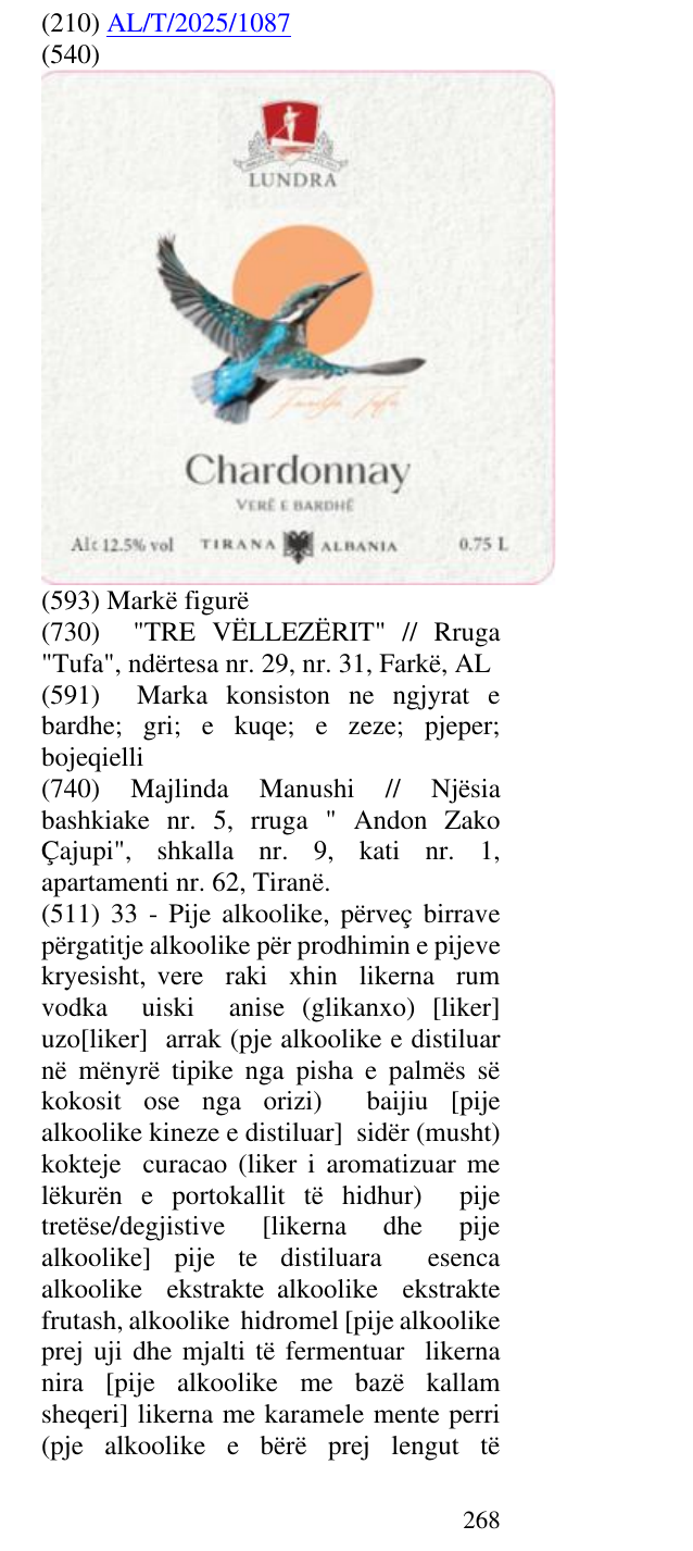 Zëri i markës LUNDRA Chardonnay vere e Bardhe në buletin