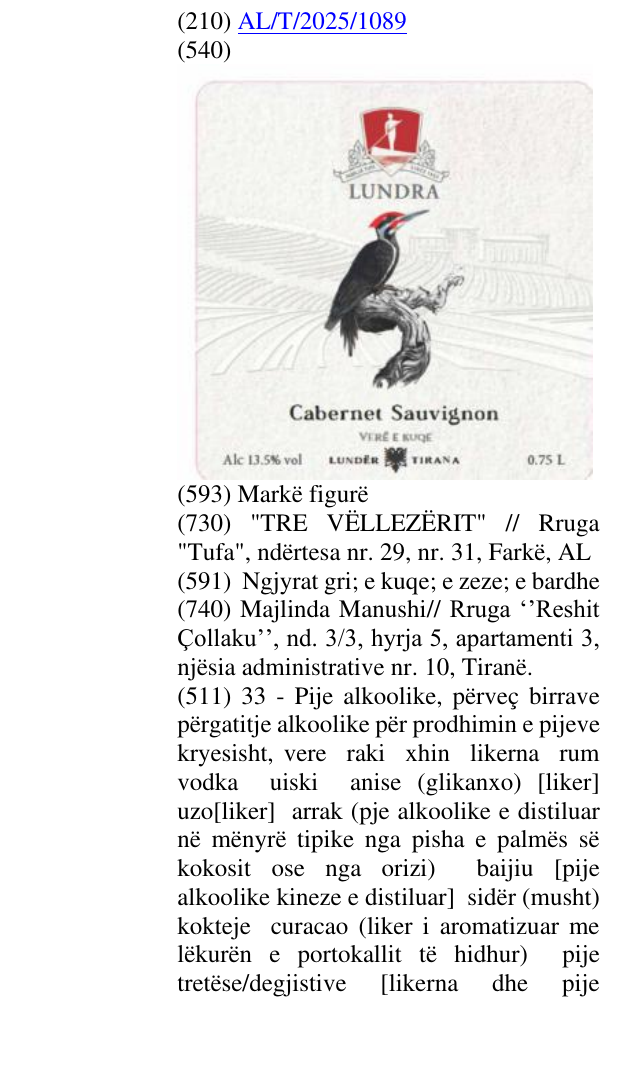 Zëri i markës LUNDRA CABERNET SAUVIGNON në buletin