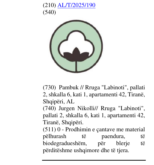 Zëri i markës AL/T/2025/190 në buletin