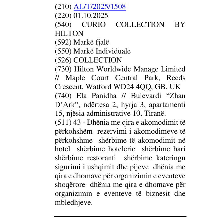 Zëri i markës CURIO COLLECTION BY HILTON në buletin