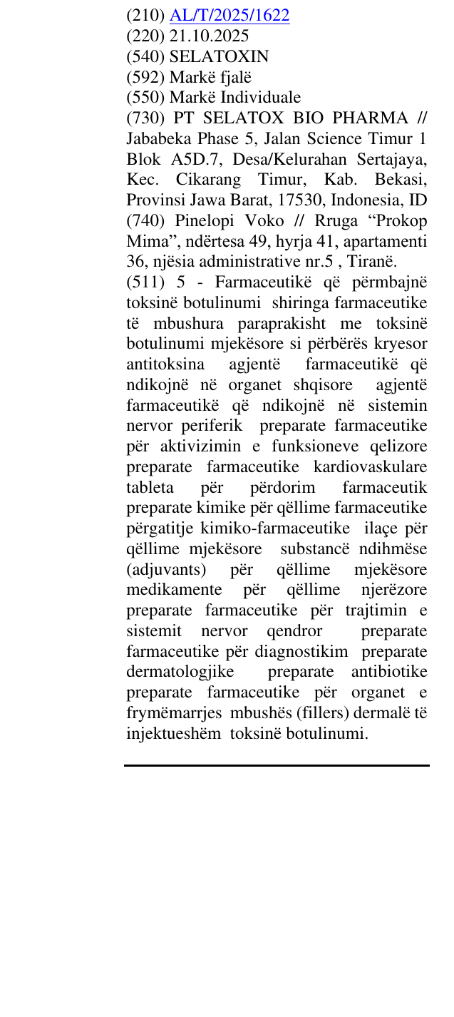 Zëri i markës SELATOXIN në buletin
