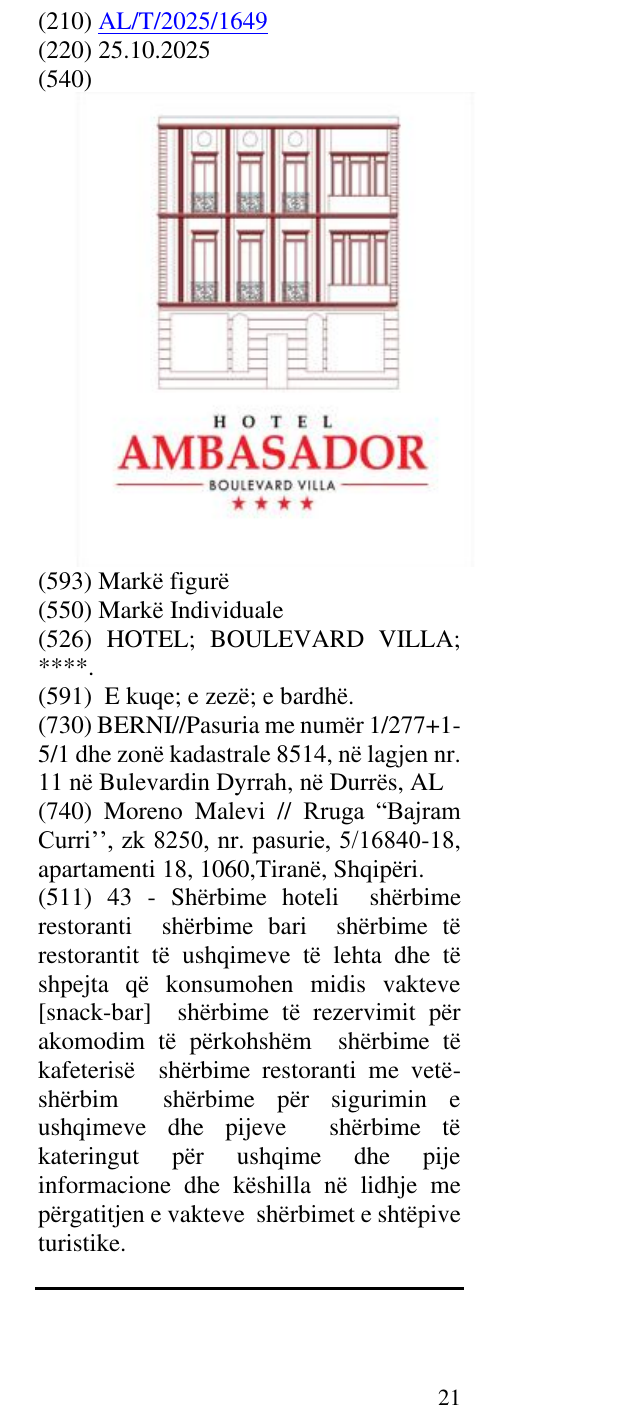 Zëri i markës HOTEL; BOULEVARD VILLA; ****. në buletin