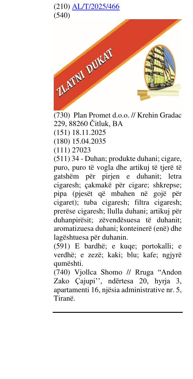Zëri i markës ZLATNI DUKAT në buletin