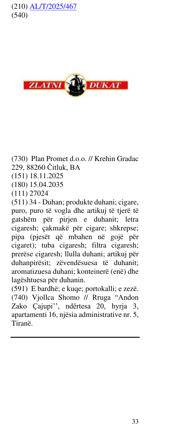 Zëri i markës ZLATNI DUKAT në buletin