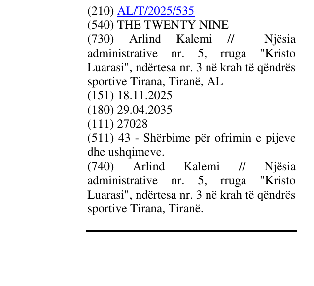 Zëri i markës THE TWENTY NINE në buletin
