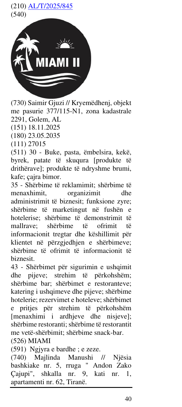 Zëri i markës MIAMI në buletin