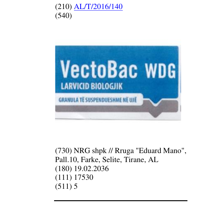 Zëri i markës VectoBAc WDG në buletin