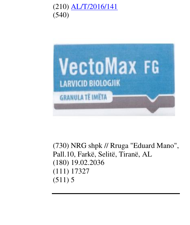Zëri i markës VectoMax FG në buletin