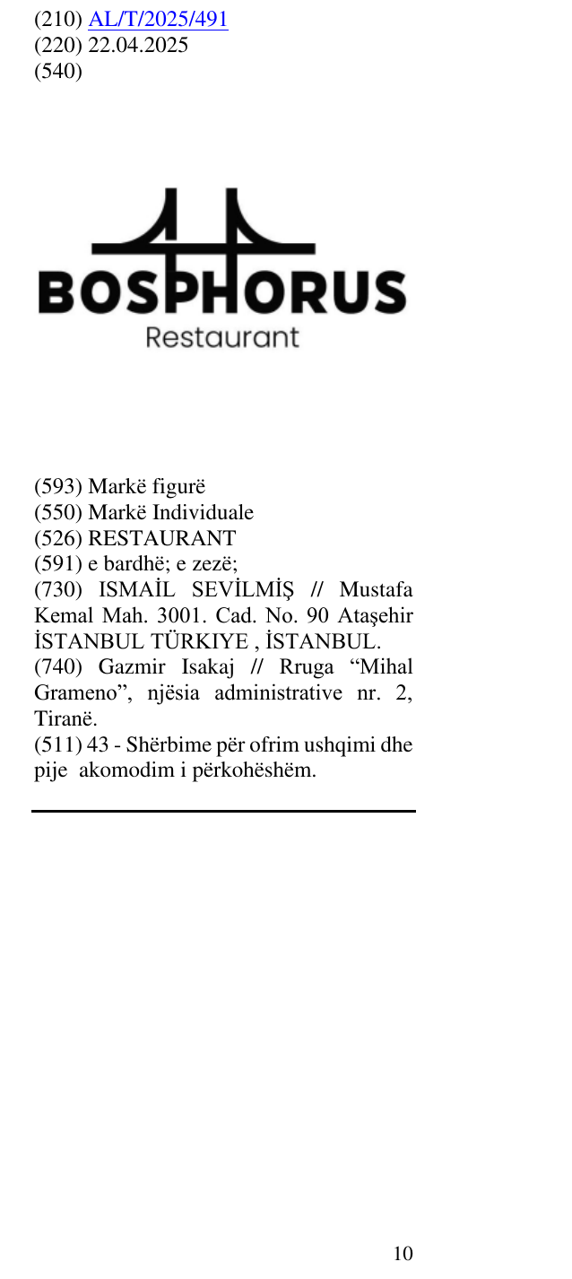 Zëri i markës RESTAURANT në buletin