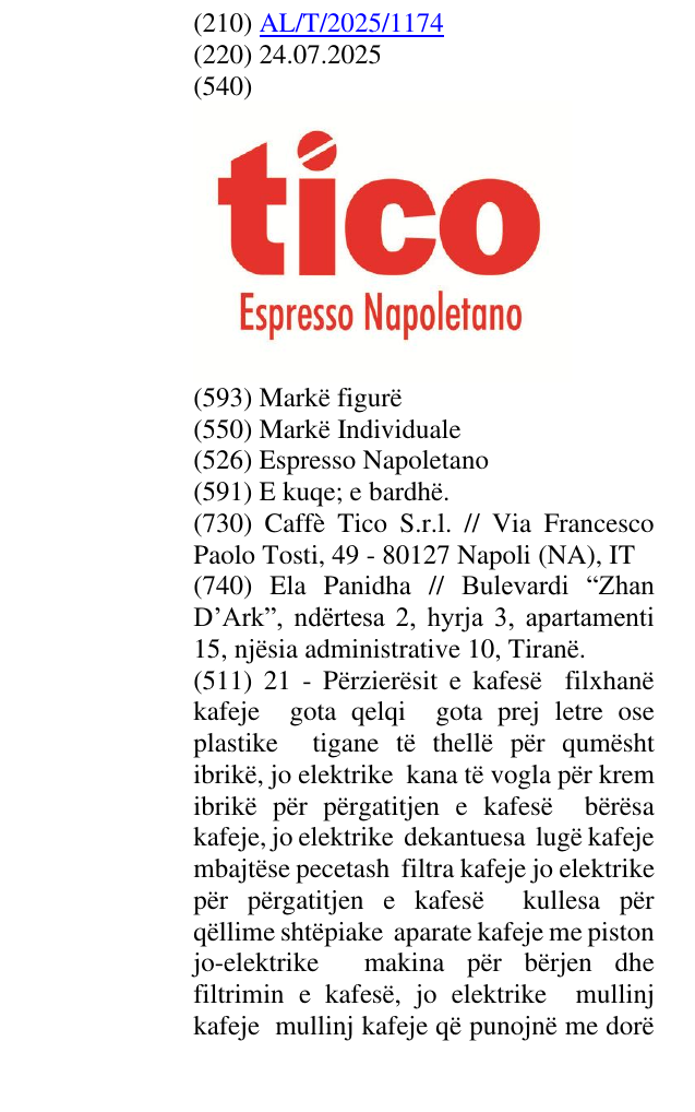 Zëri i markës Espresso Napoletano në buletin