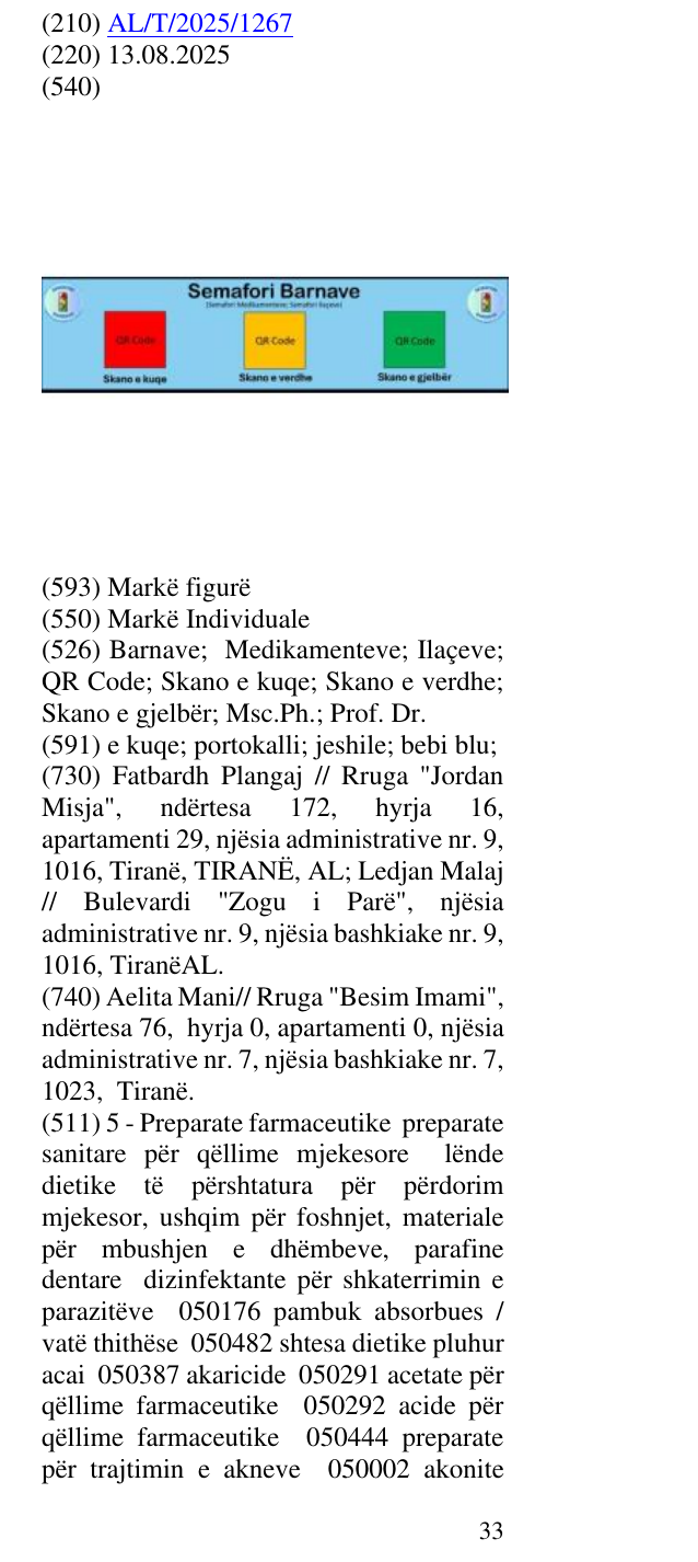 Zëri i markës Barnave; Medikamenteve; Ilaçeve; QR Code; Skano e kuqe; Skano e verdhe; Skano e gjelbër; Msc.Ph.; Prof. Dr. në buletin