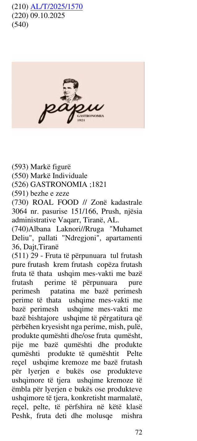 Zëri i markës GASTRONOMIA ;1821 në buletin