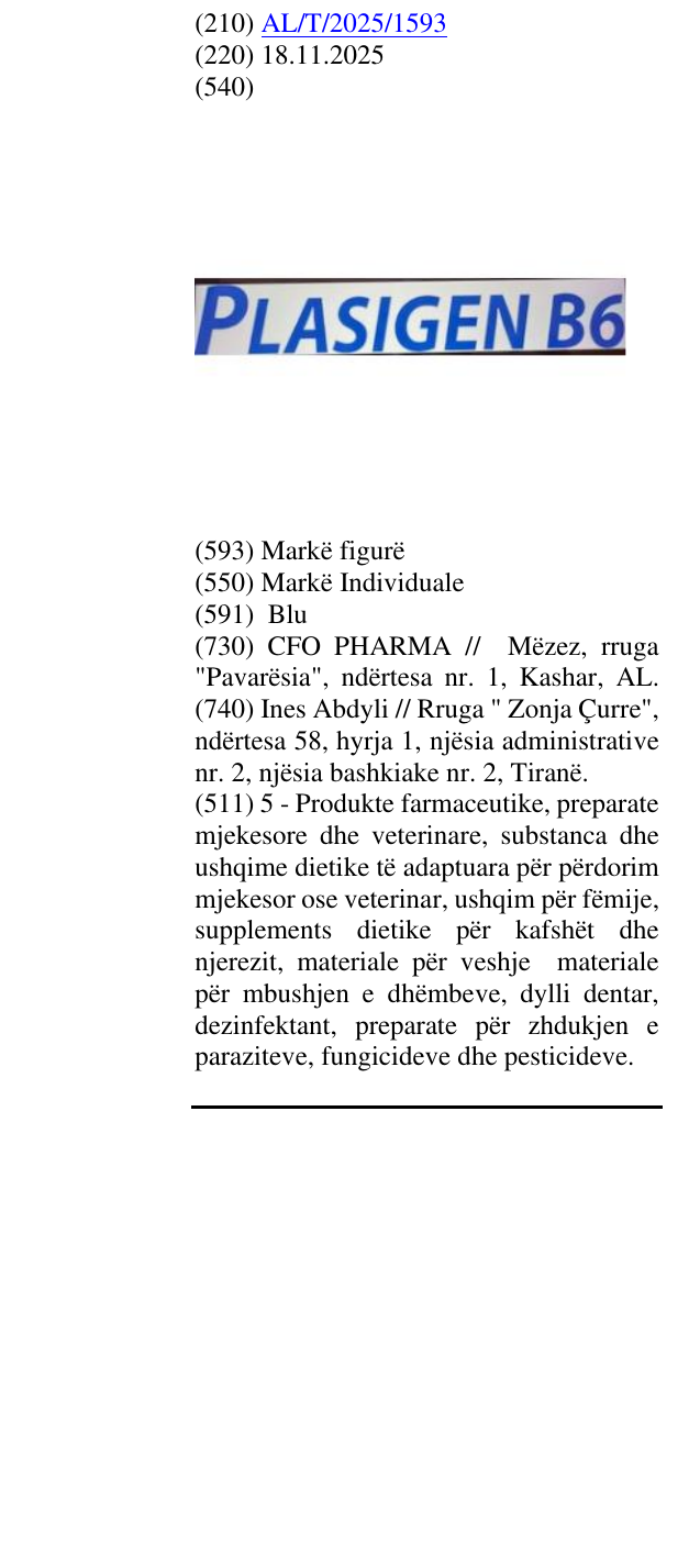 Zëri i markës PLASIGEN B6 në buletin