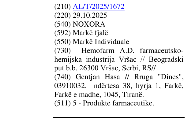 Zëri i markës NOXORA në buletin