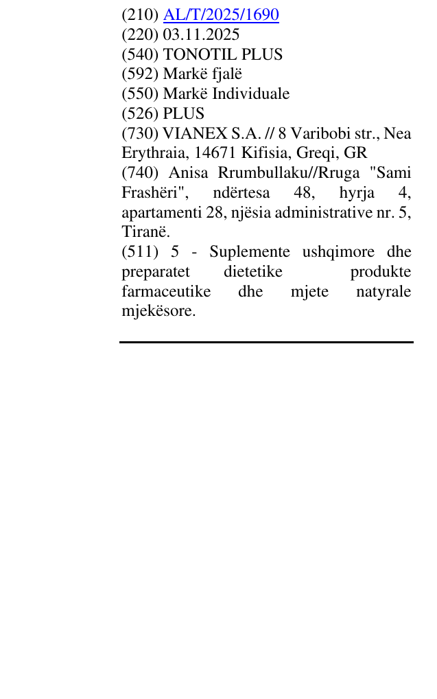Zëri i markës TONOTIL PLUS në buletin
