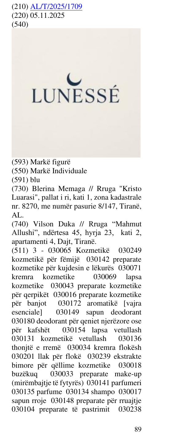 Zëri i markës LUNESSE në buletin