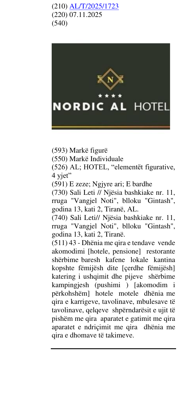 Zëri i markës AL; HOTEL, “elementët figurative, 4 yjet” në buletin