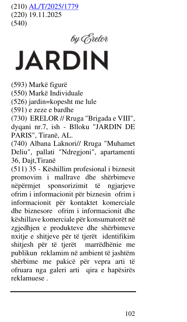 Zëri i markës jardin=kopesht me lule në buletin