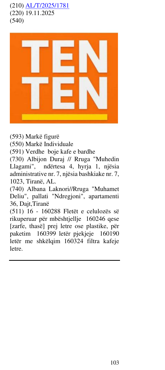 Zëri i markës TEN TEN në buletin
