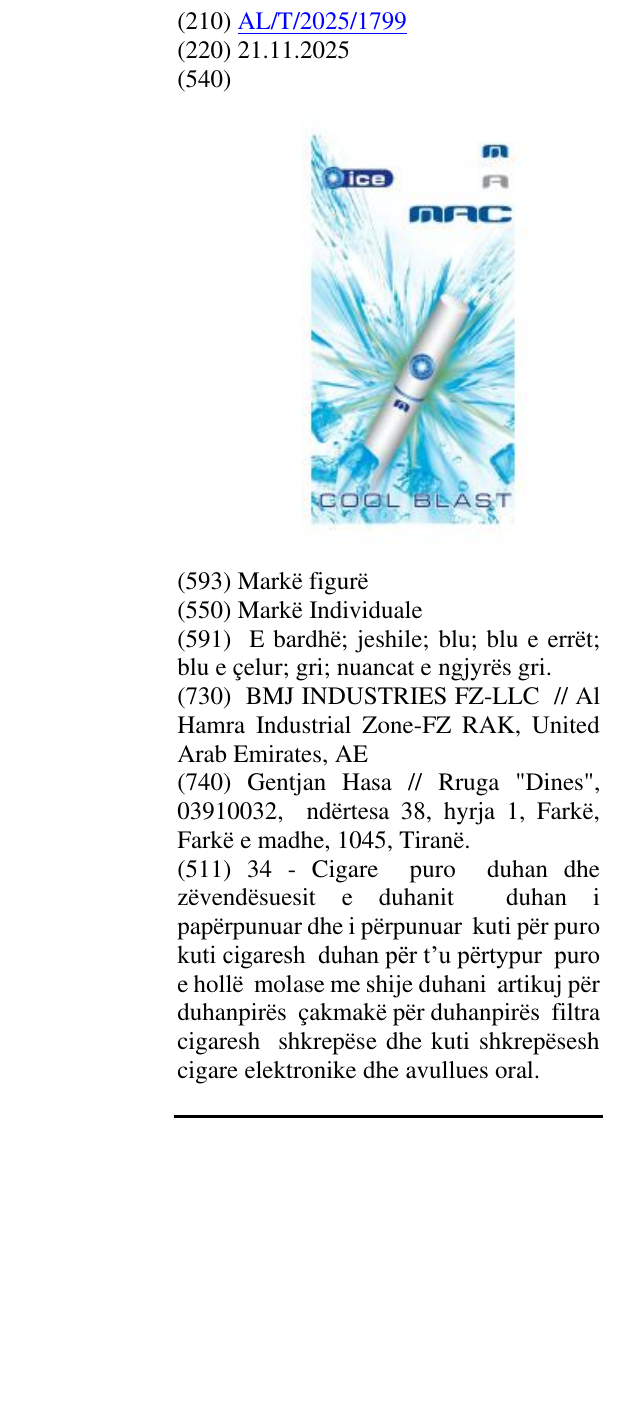 Zëri i markës ice MAC COOL BLAST në buletin