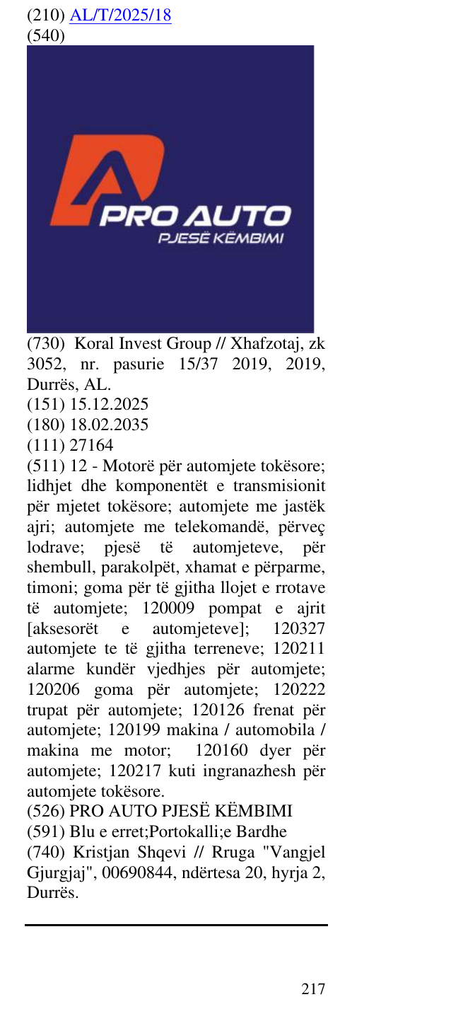 Zëri i markës PRO AUTO PJESË KËMBIMI në buletin