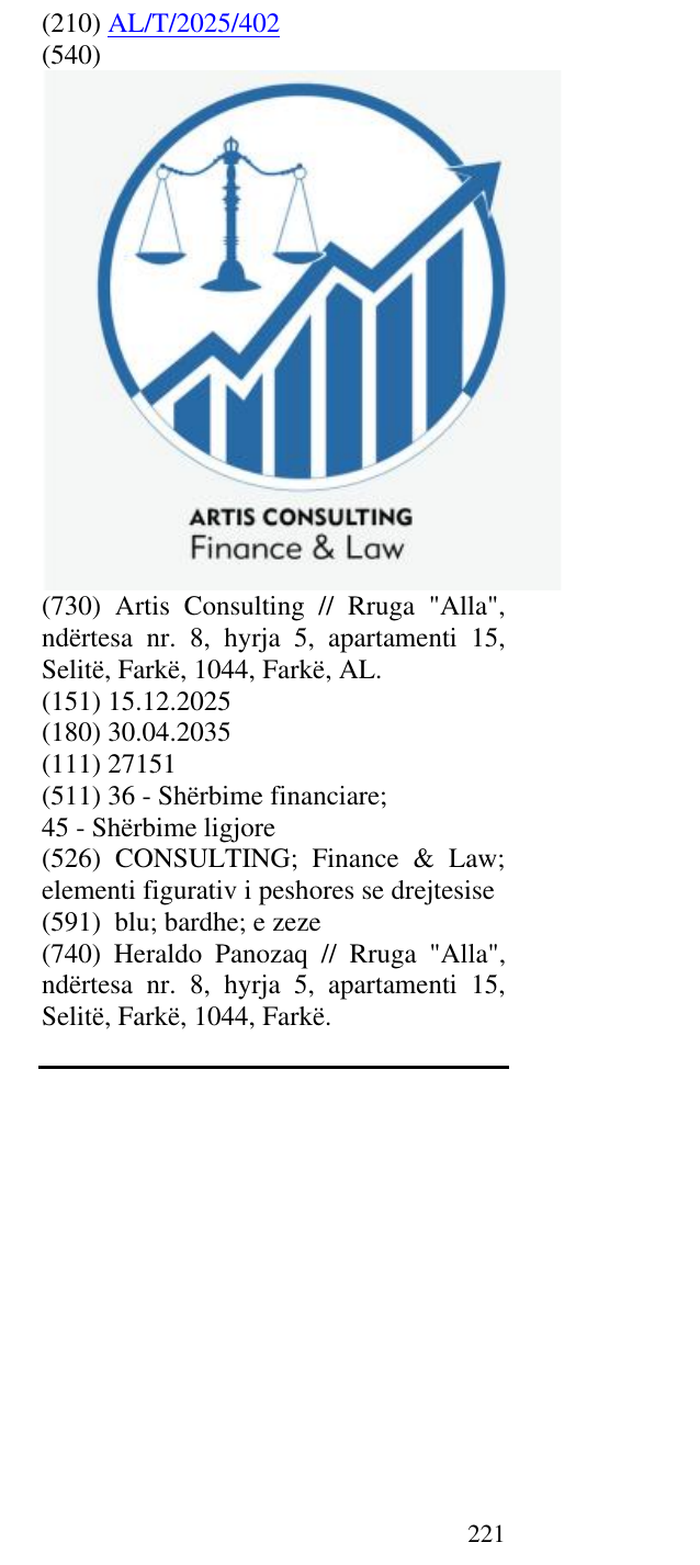 Zëri i markës CONSULTING; Finance & Law; elementi figurativ i peshores se drejtesise në buletin