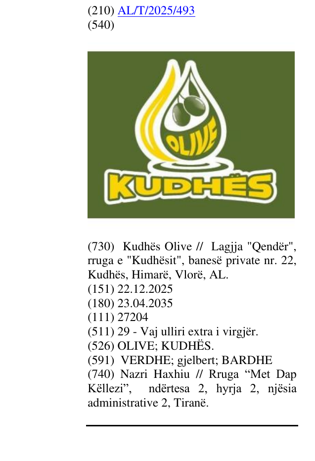 Zëri i markës OLIVE; KUDHËS. në buletin