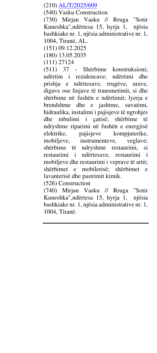 Zëri i markës Vasku Construction në buletin